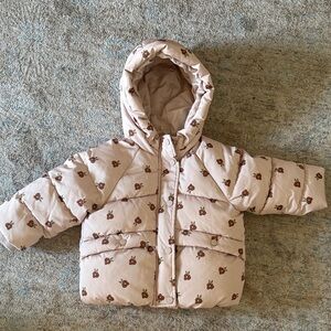 Zara Beige Cherry Print Puffer Jacket